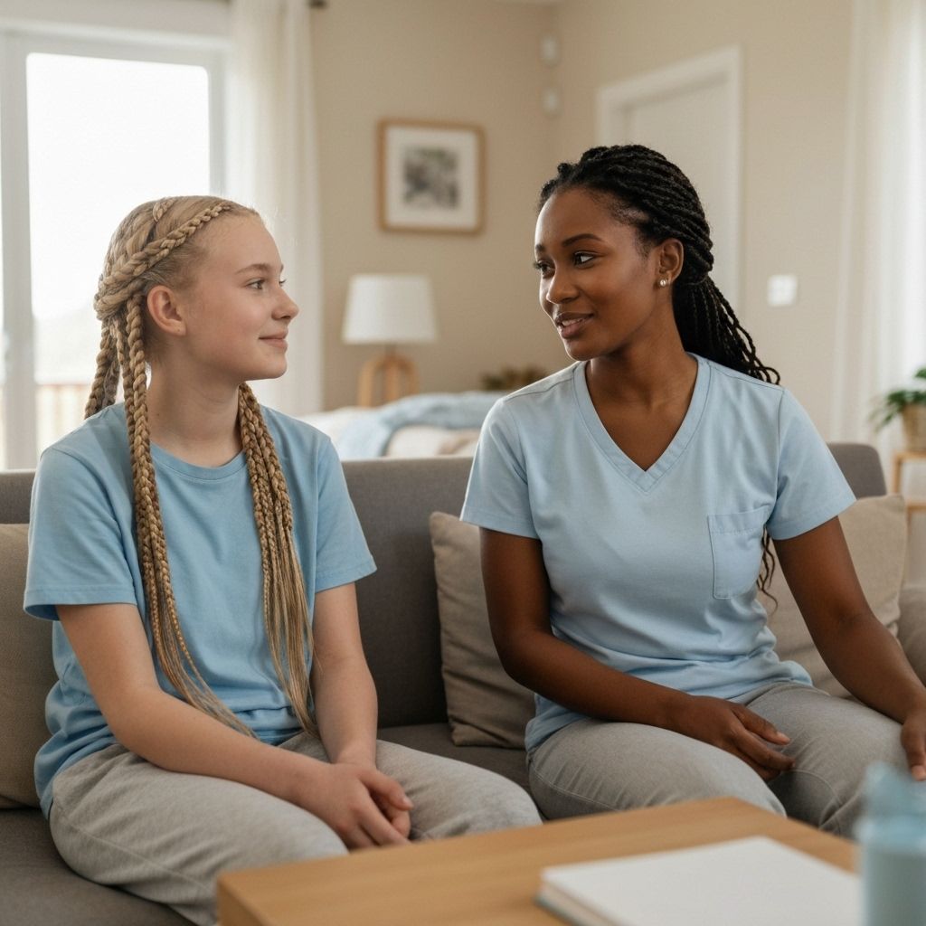 Care worker mentoring teenager in residential setting